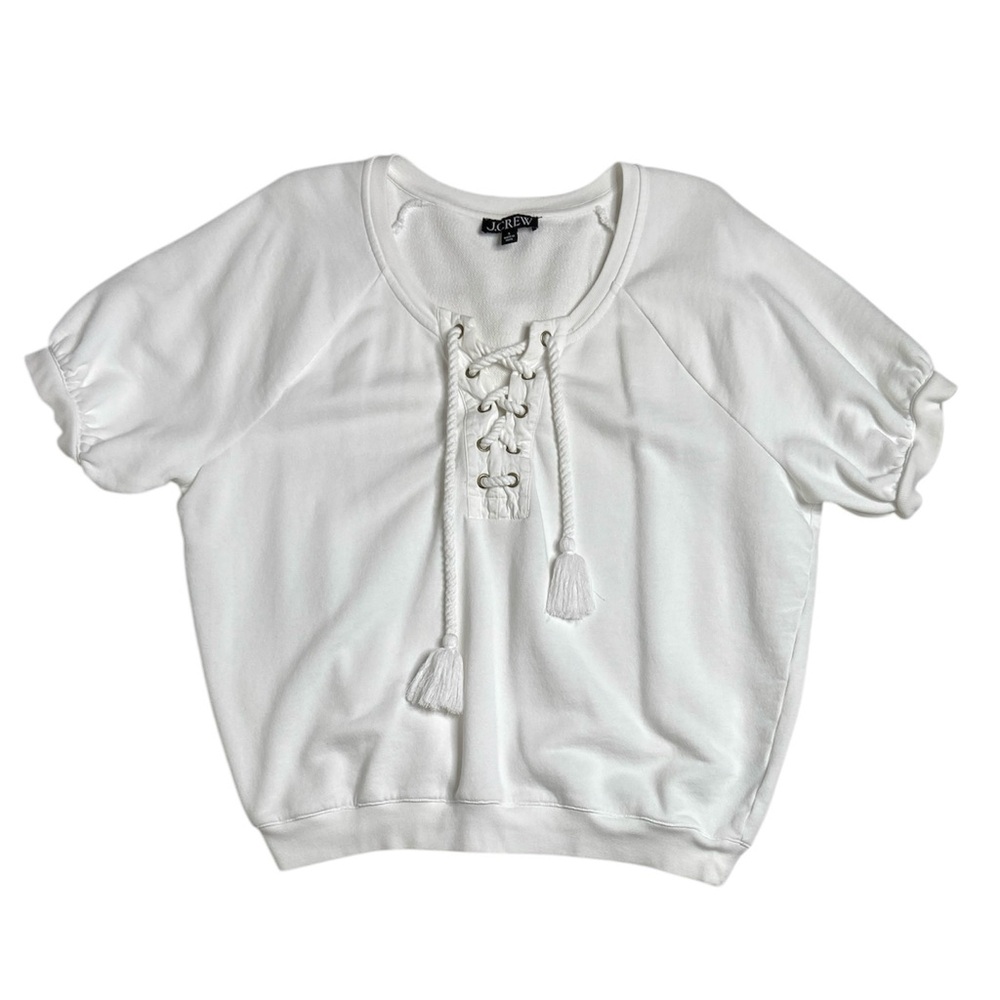 J.Crew White University Terry Short Sleeve Lace Up Shirt Sweatshirt Size Large